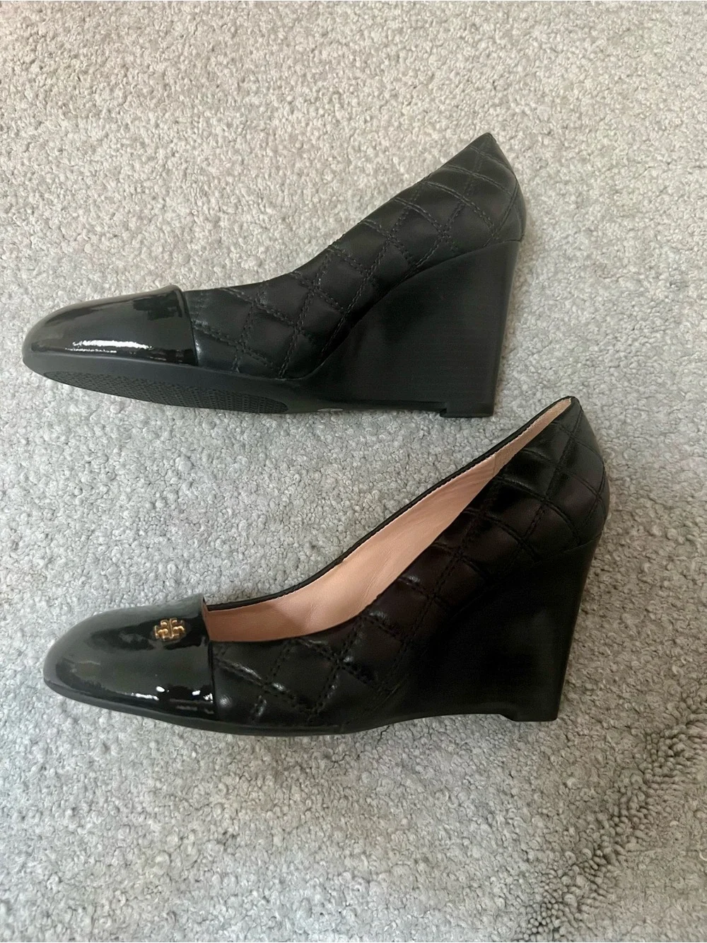 Tory Burch Quilted Patent Cap-Toe Wedge Pumps-Black- 8M